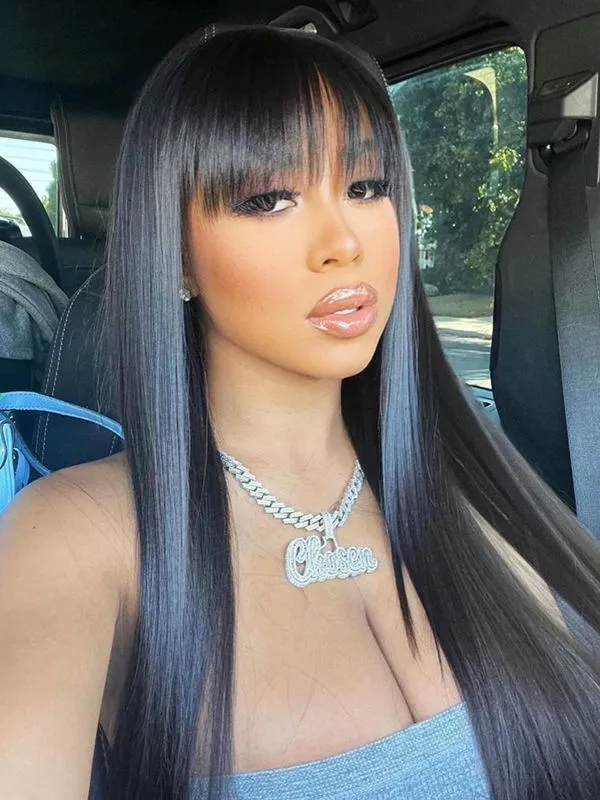 Anniversary Sale Natural Color Silk Straight With Bang 5x5 HD Invisible Lace Closure Wig ANS04