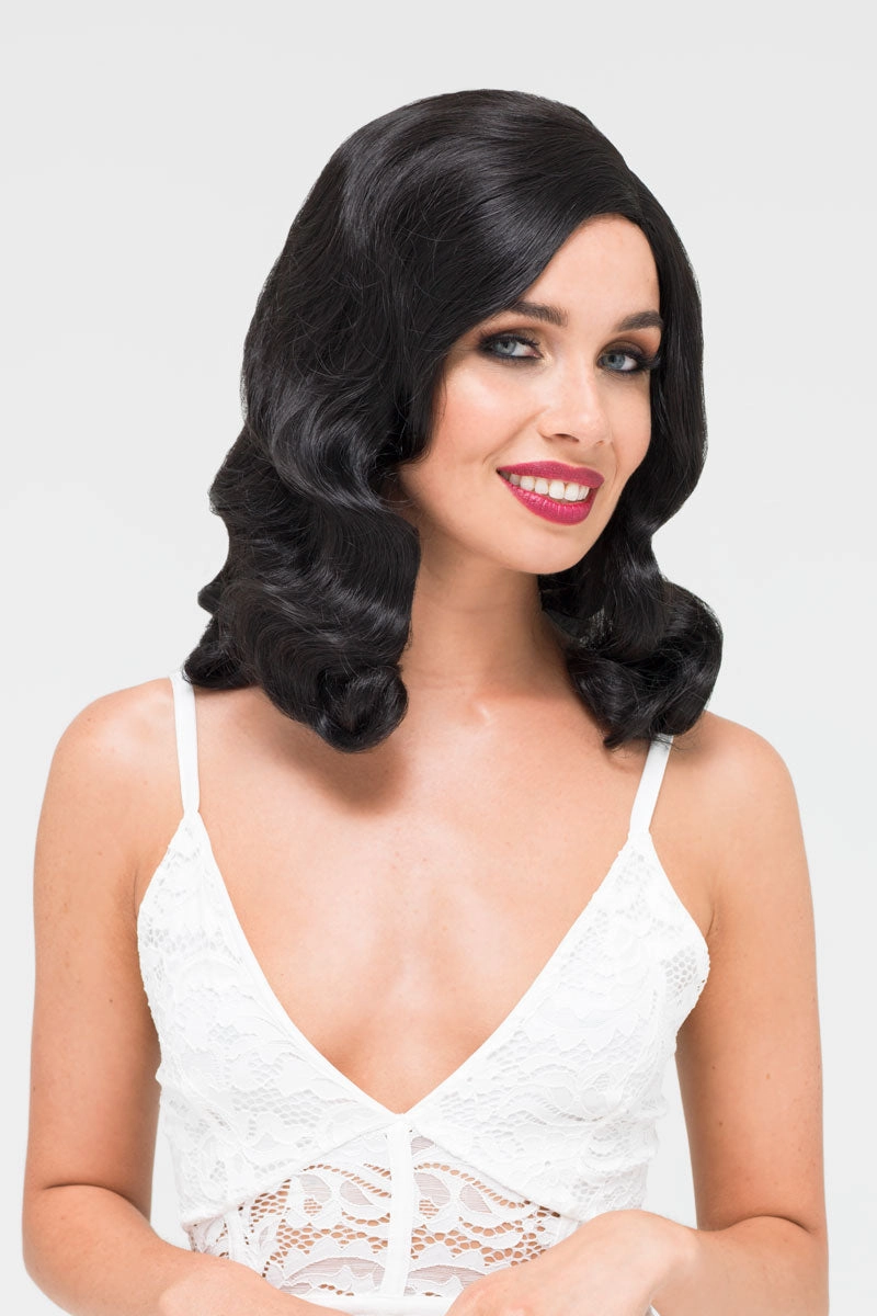 Black 1940s style wig with long marcel waves: Vivienne