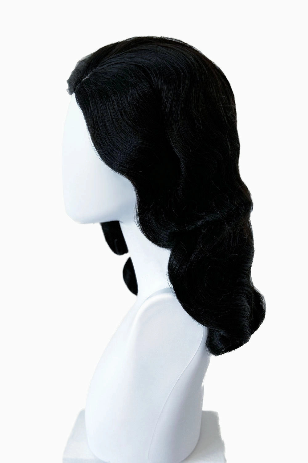 Black 1940s style wig with long marcel waves: Vivienne