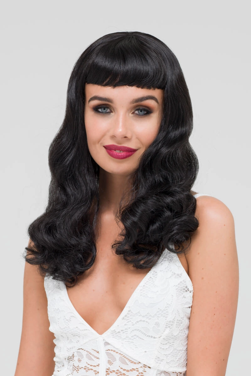 Black 1950s pinup style wig, curled with short fringe: Milena