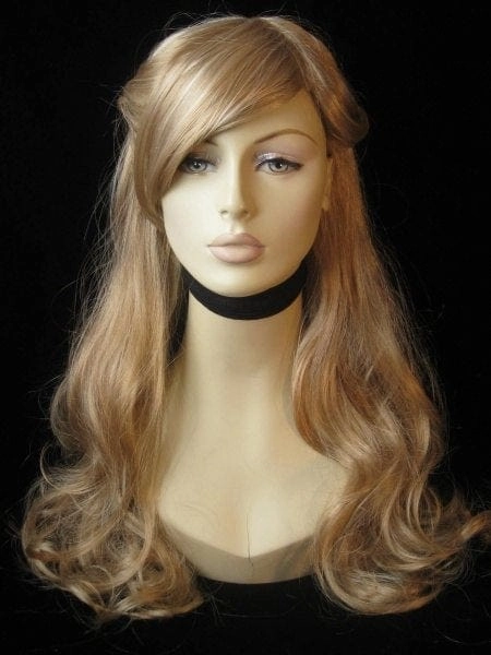 Blonde wig with big loose curls and sweeping fringe, extra long: Carly