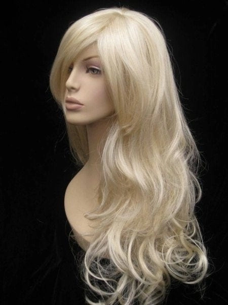 Blonde wig with big loose curls and sweeping fringe, extra long: Carly