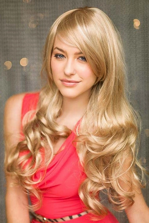 Blonde wig with big loose curls and sweeping fringe, extra long: Carly