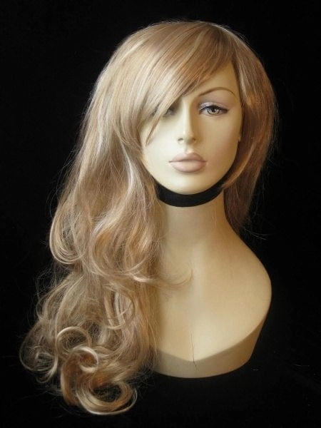 Blonde wig with big loose curls and sweeping fringe, extra long: Carly