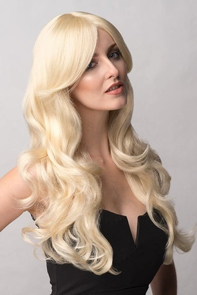 Blonde wig with big loose curls and sweeping fringe, extra long: Carly
