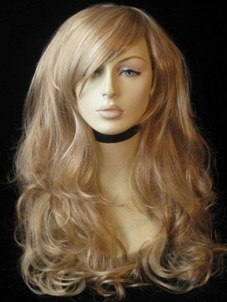 Blonde wig with big loose curls and sweeping fringe, extra long: Carly