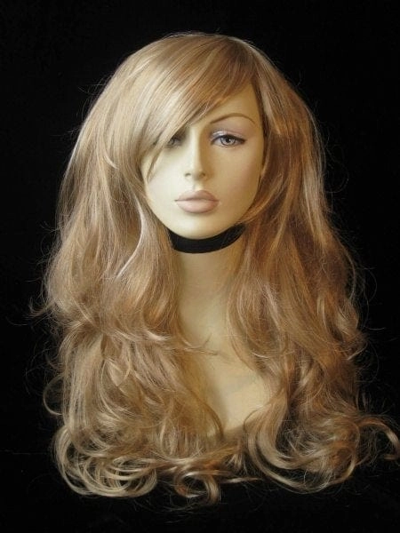 Blonde wig with big loose curls and sweeping fringe, extra long: Carly