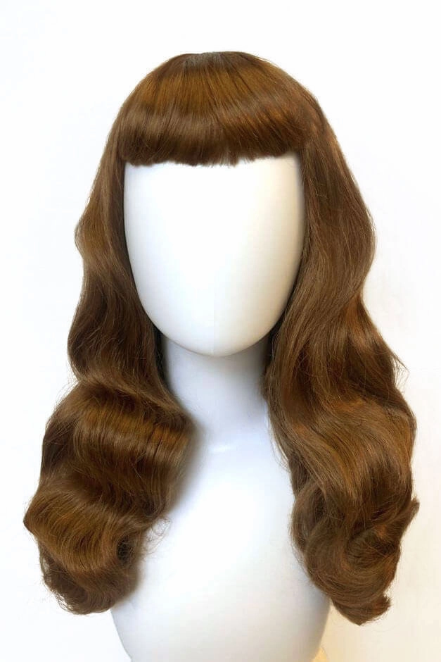 Brown 1950s pinup style wig, with long waves and a short fringe: Rosie