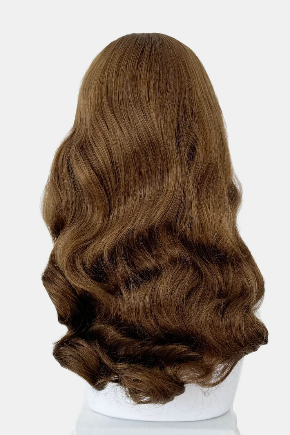 Brown 1950s pinup style wig, with long waves and a short fringe: Rosie