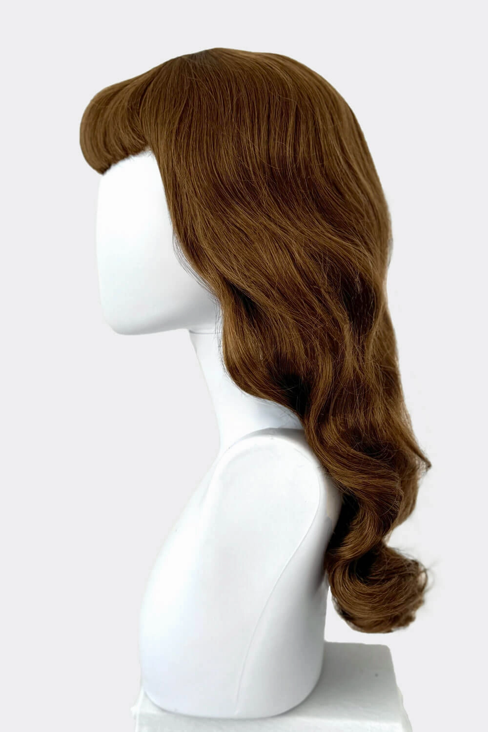 Brown 1950s pinup style wig, with long waves and a short fringe: Rosie