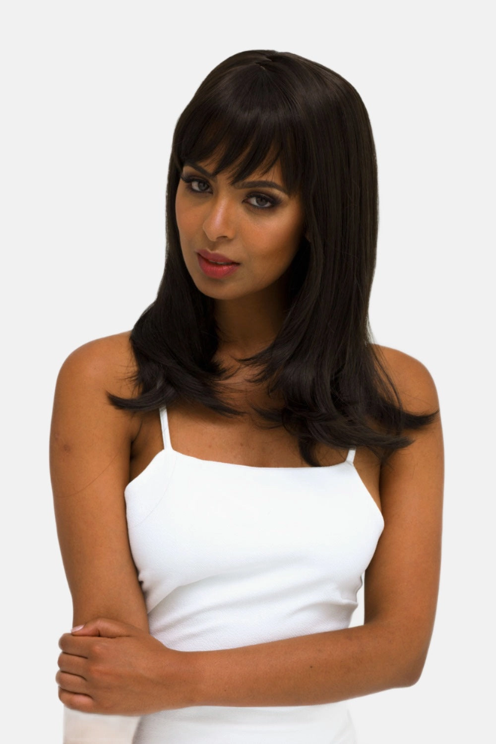 Brown long bob wig, layered with straight fringe: Katia