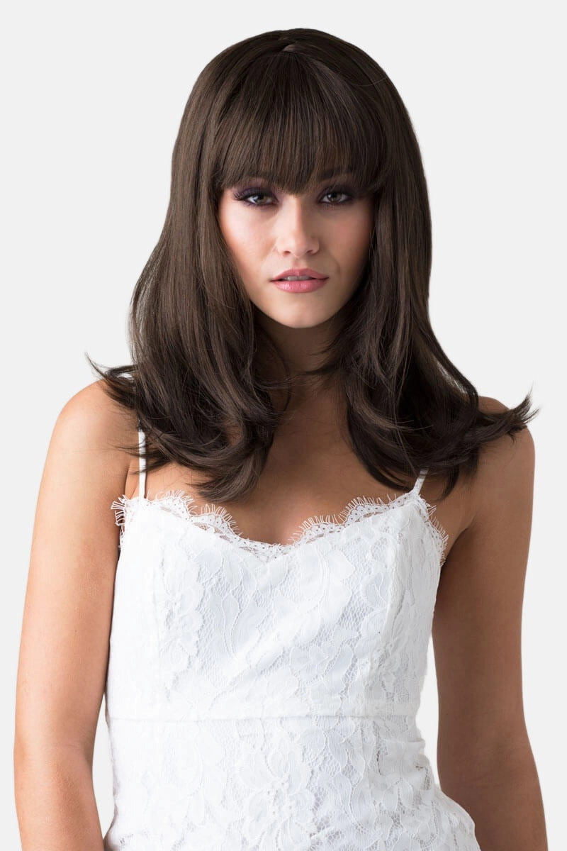 Brown long bob wig, layered with straight fringe: Katia