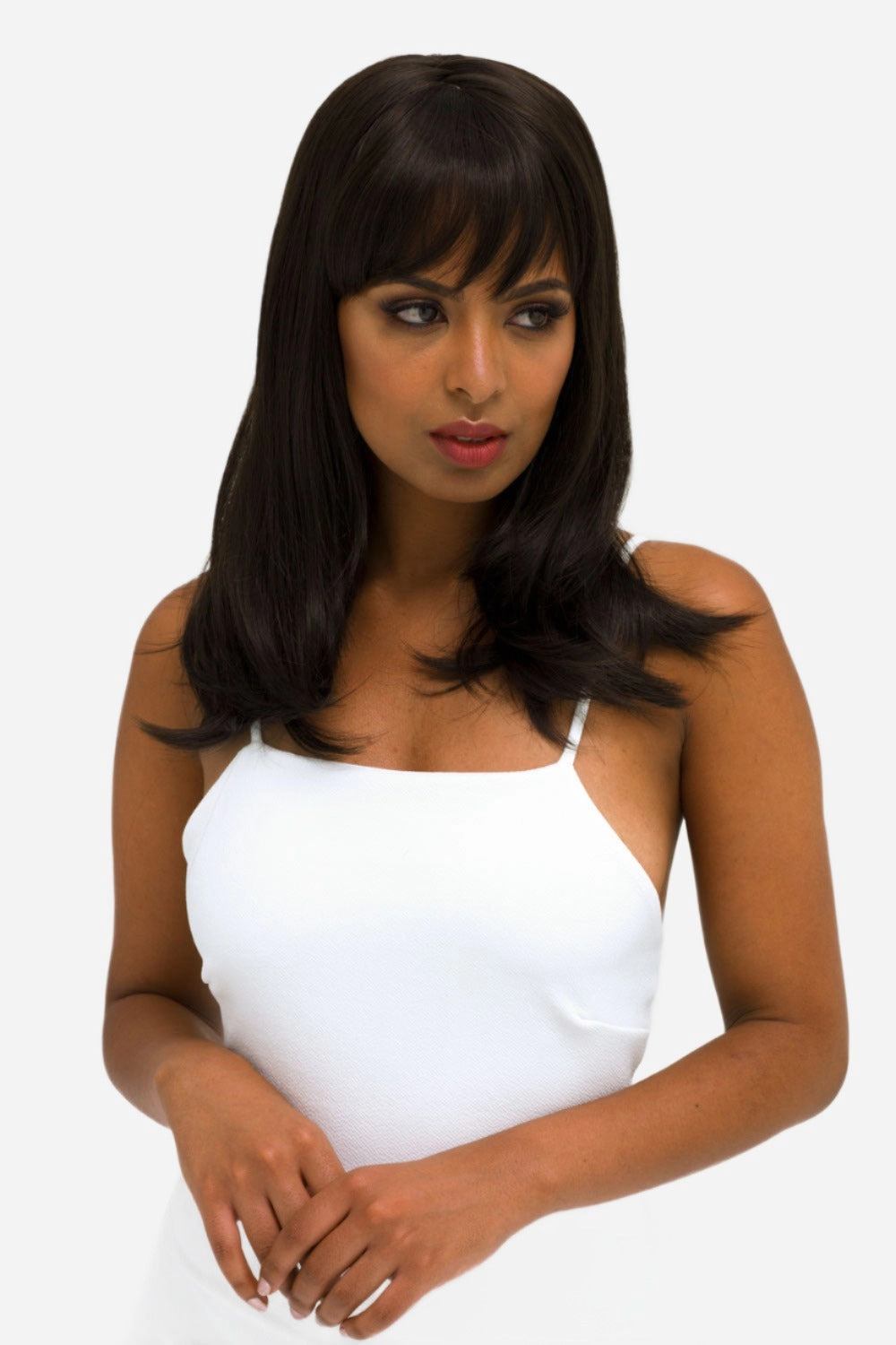 Brown long bob wig, layered with straight fringe: Katia