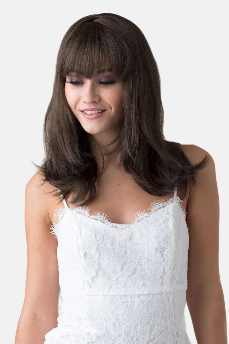 Brown long bob wig, layered with straight fringe: Katia