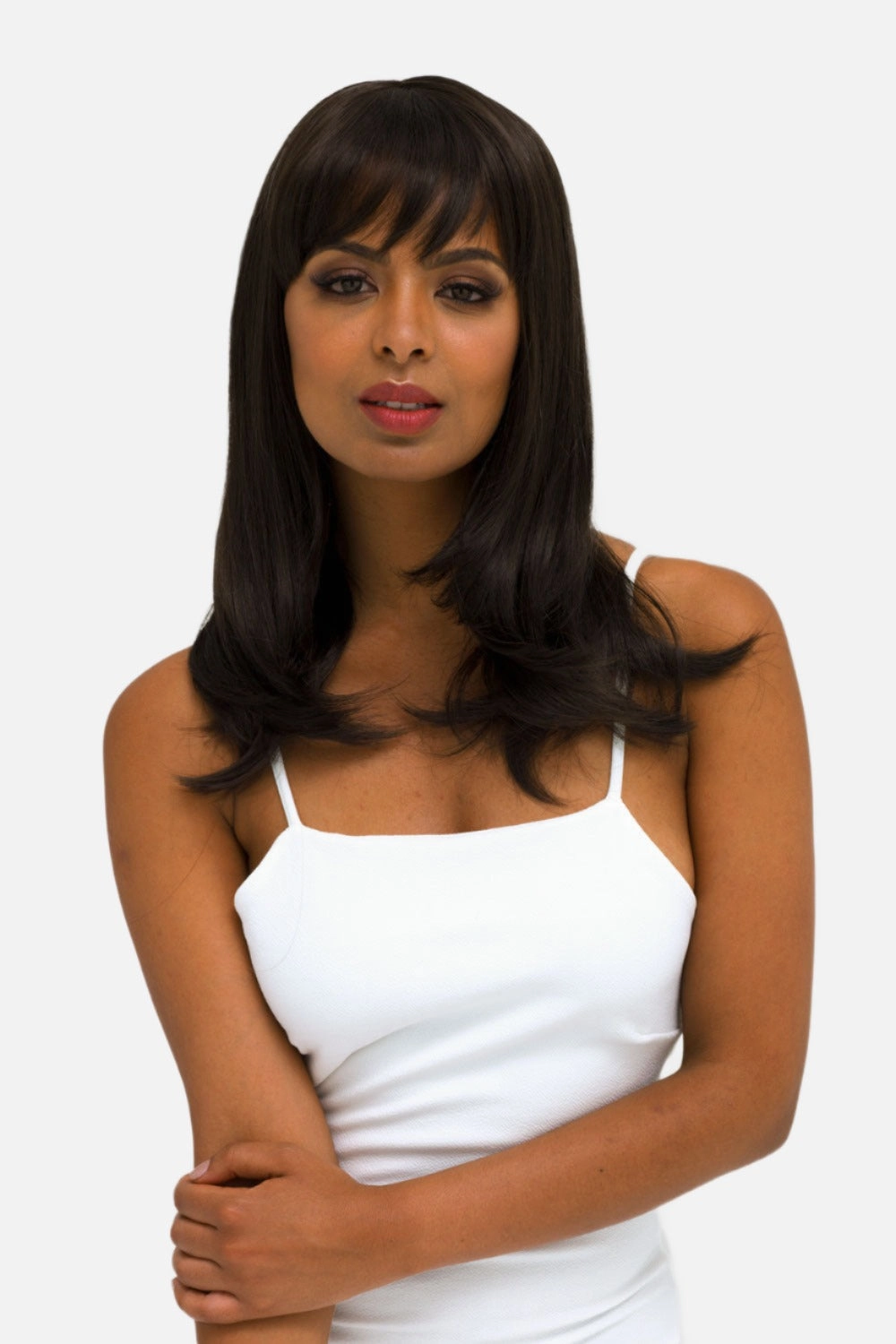 Brown long bob wig, layered with straight fringe: Katia