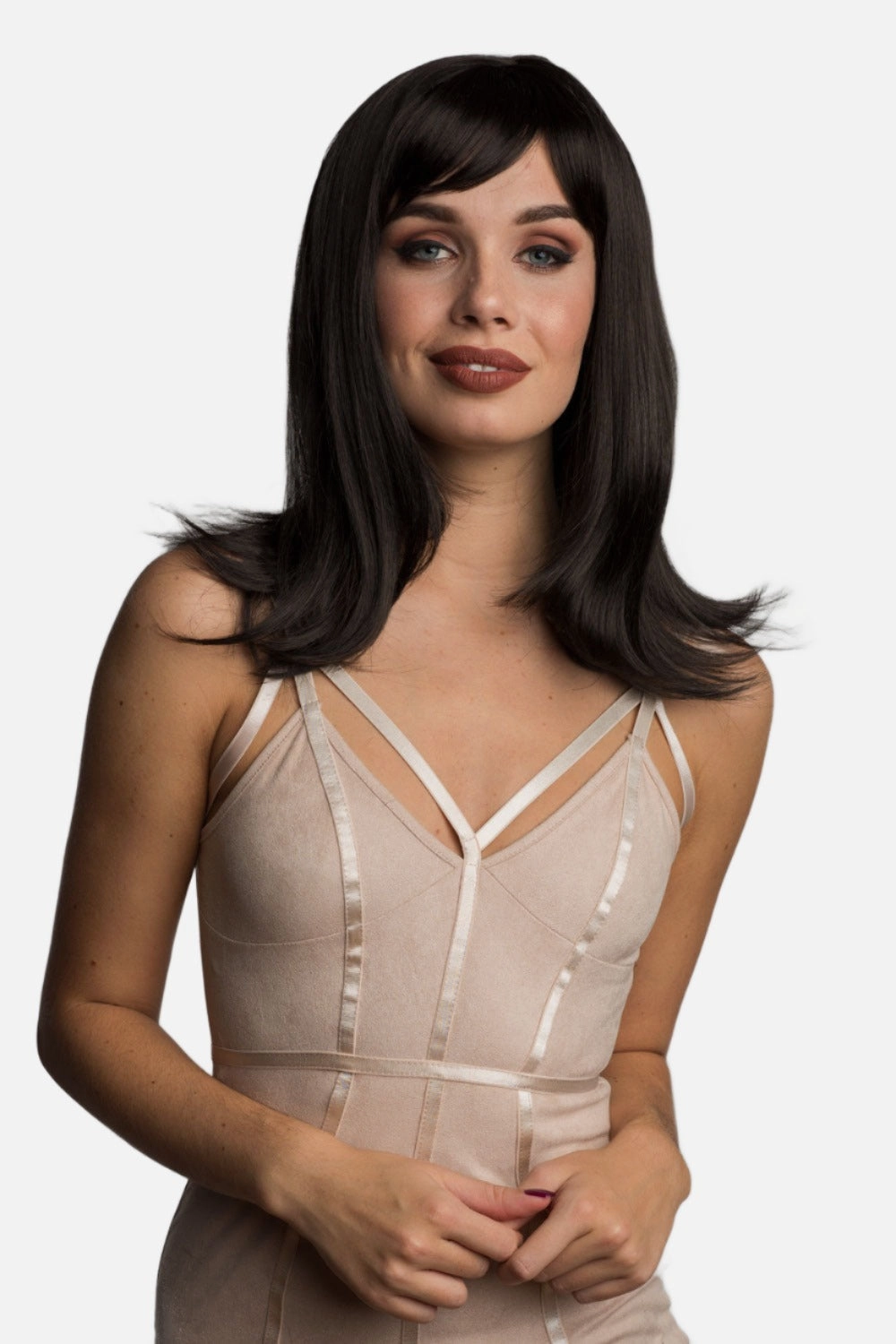 Brown long bob wig, layered with straight fringe: Katia
