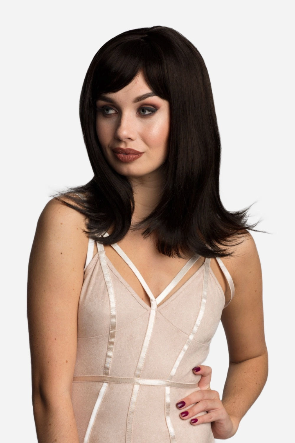 Brown long bob wig, layered with straight fringe: Katia