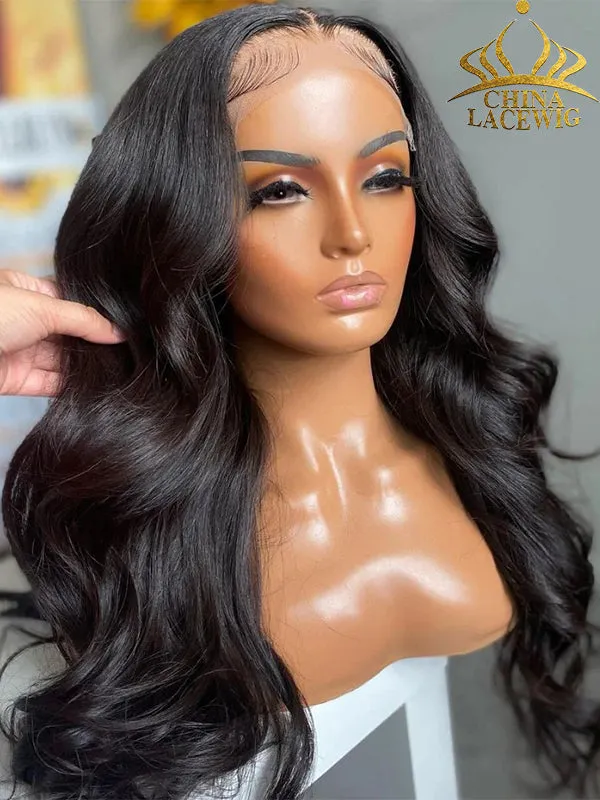Chinalacewig Black Color 55 HD Lace Virgin Human Hair Body Wave Wig With Pre Plucked NCF093