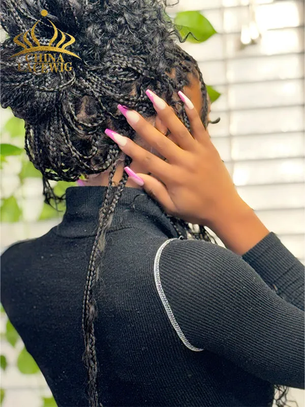Chinalacewig Full Lace Braided Wig Tangleless Boho Knotless Human Hair Curls CB02
