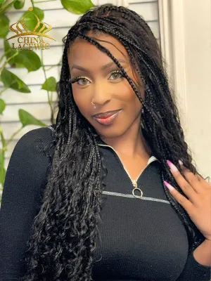 Chinalacewig Full Lace Braided Wig Tangleless Boho Knotless Human Hair Curls CB02
