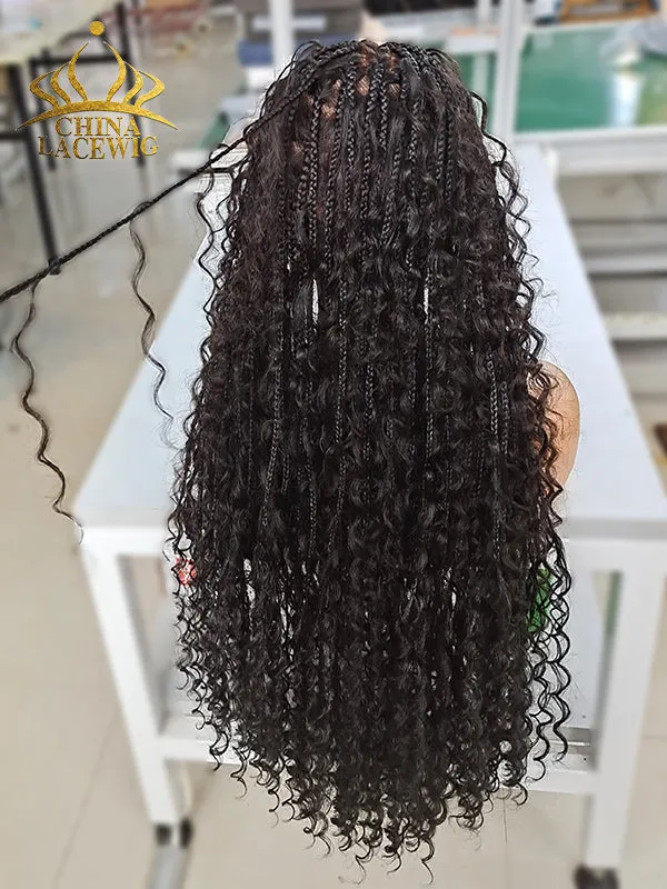 Chinalacewig Full Lace Braided Wig Tangleless Boho Knotless Human Hair Curls CB02