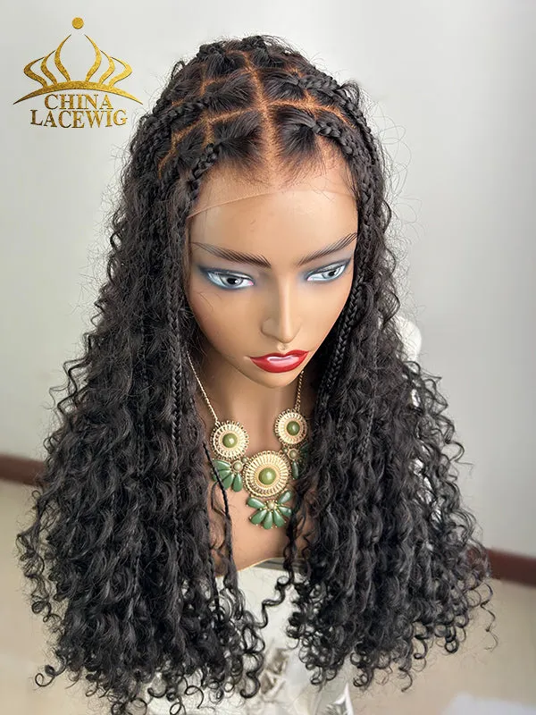 Chinalacewig Full Lace Braided Wig Tangleless Boho Knotless Human Hair Curls CB02
