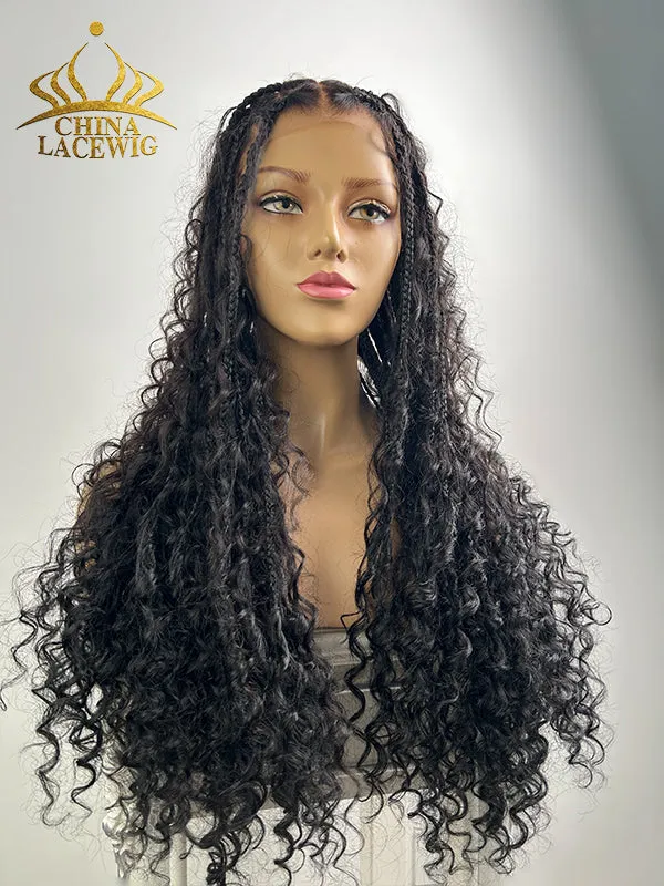 Chinalacewig Full Lace Braided Wig Tangleless Boho Knotless Human Hair Curls CB02