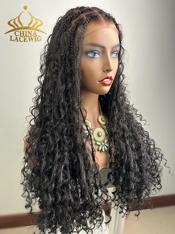 Chinalacewig Full Lace Braided Wig Tangleless Boho Knotless Human Hair Curls CB02