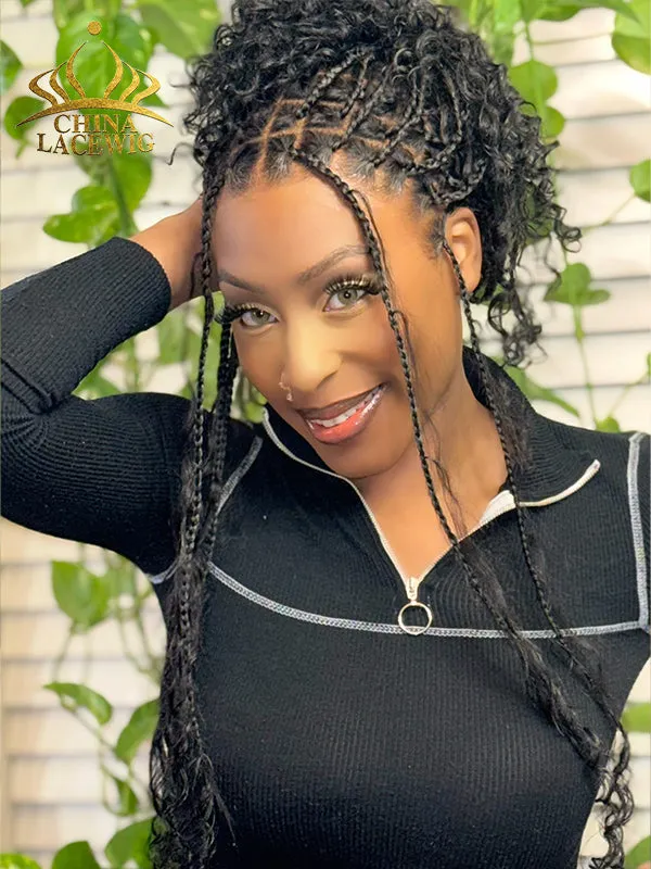 Chinalacewig Full Lace Braided Wig Tangleless Boho Knotless Human Hair Curls CB02
