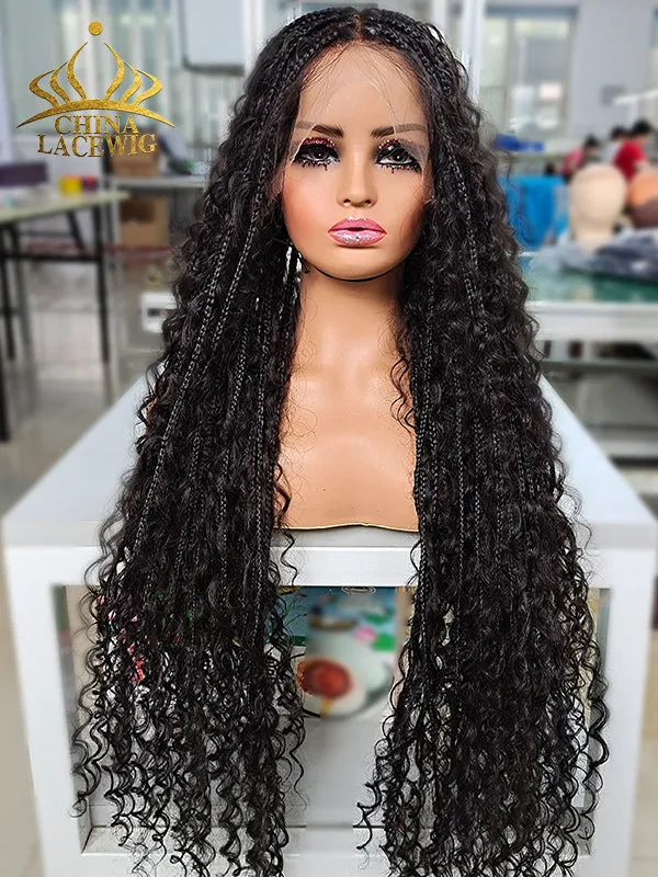 Chinalacewig Full Lace Braided Wig Tangleless Boho Knotless Human Hair Curls CB02