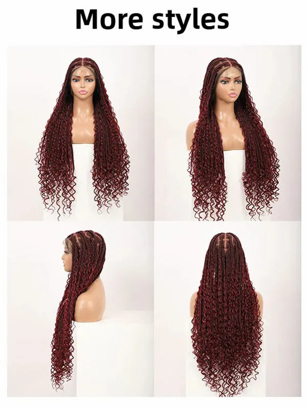 Chinalacewig HD Full Lace Knotless Box Boho Braided Wigs With Curls 99j Burgundy Color With Baby Hair Braids Wig