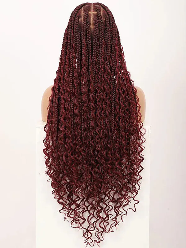 Chinalacewig HD Full Lace Knotless Box Boho Braided Wigs With Curls 99j Burgundy Color With Baby Hair Braids Wig