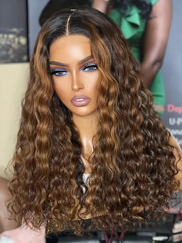 Chinalacewig Highlight Curly Honey Brown Color Body Wave Glueless HD Invisible Lace Wigs HG04
