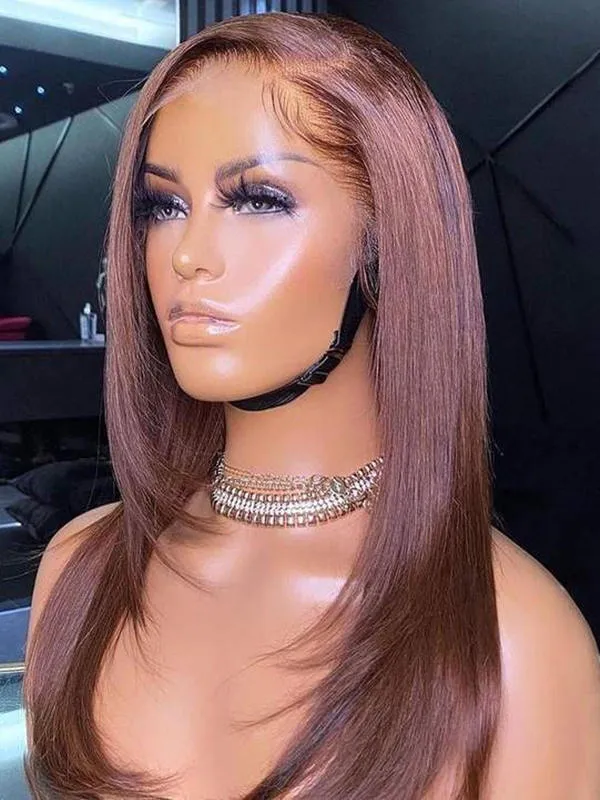 Chinalacewig Honey Brown Layer Silky Straight 13x6 Transparent Lace Front Wigs CF225