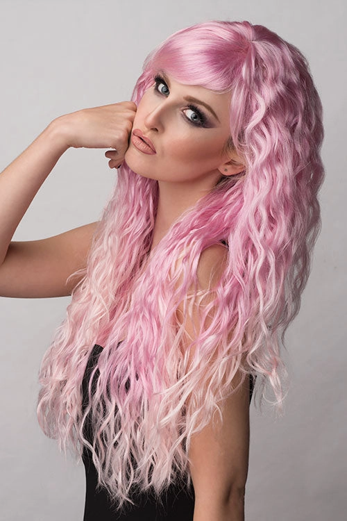 Crimped pink wig, long, in two colour pink ombre: Peony