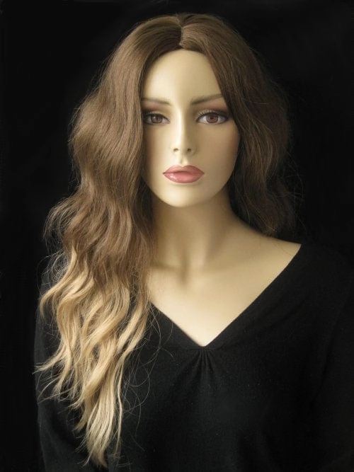 Dip dye chocolate brown and honey blonde wig long wavy wig with no fringe: Genevieve