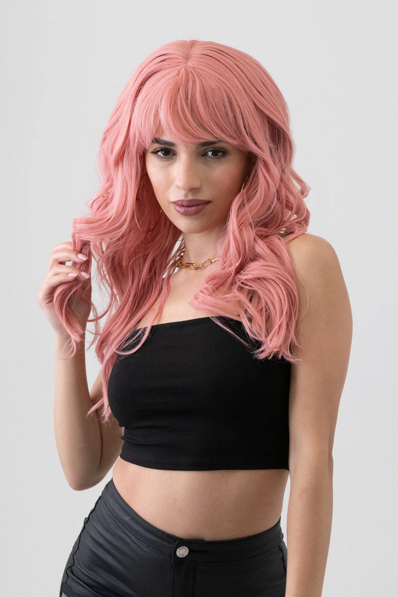Dusty pastel pink wig with long cascading waves: Rosalie