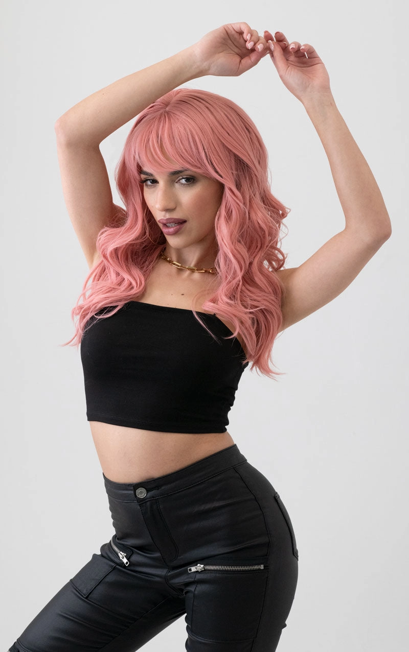 Dusty pastel pink wig with long cascading waves: Rosalie
