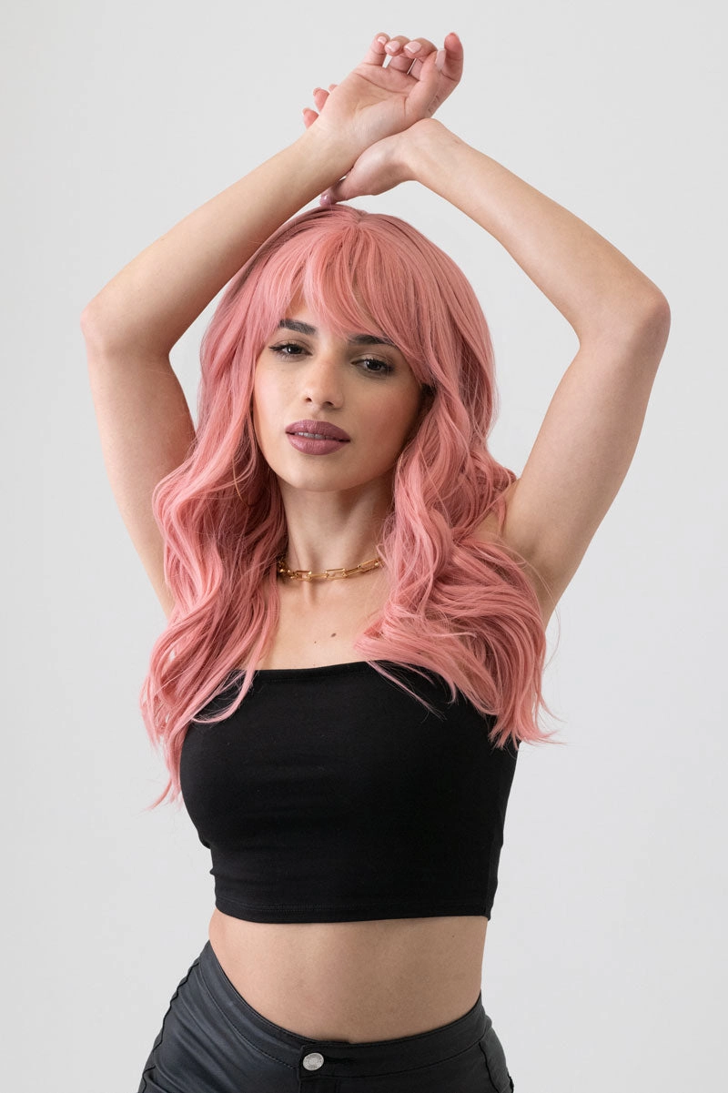 Dusty pastel pink wig with long cascading waves: Rosalie
