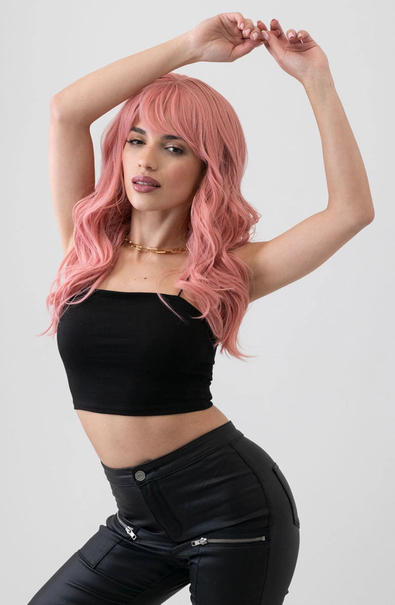Dusty pastel pink wig with long cascading waves: Rosalie