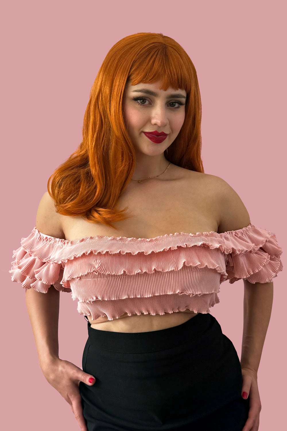 Ginger long wavy bob (LOB) wig with straight retro fringe: Cerissa