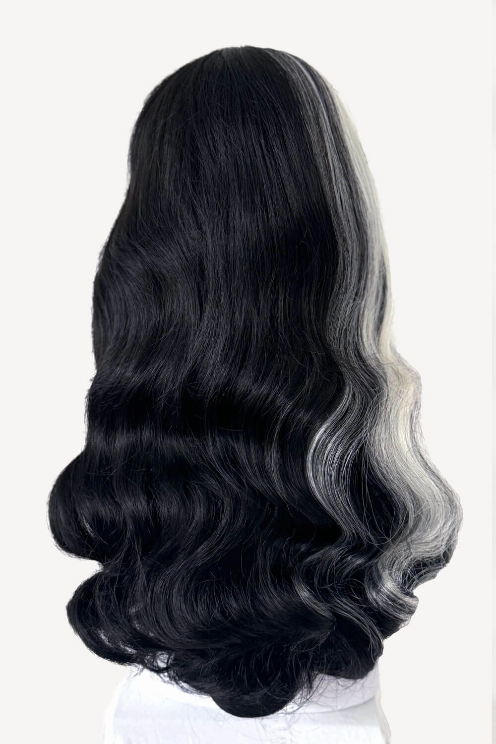 Long black 1950s pin up style wig with platinum streak and retro fringe: Michelle