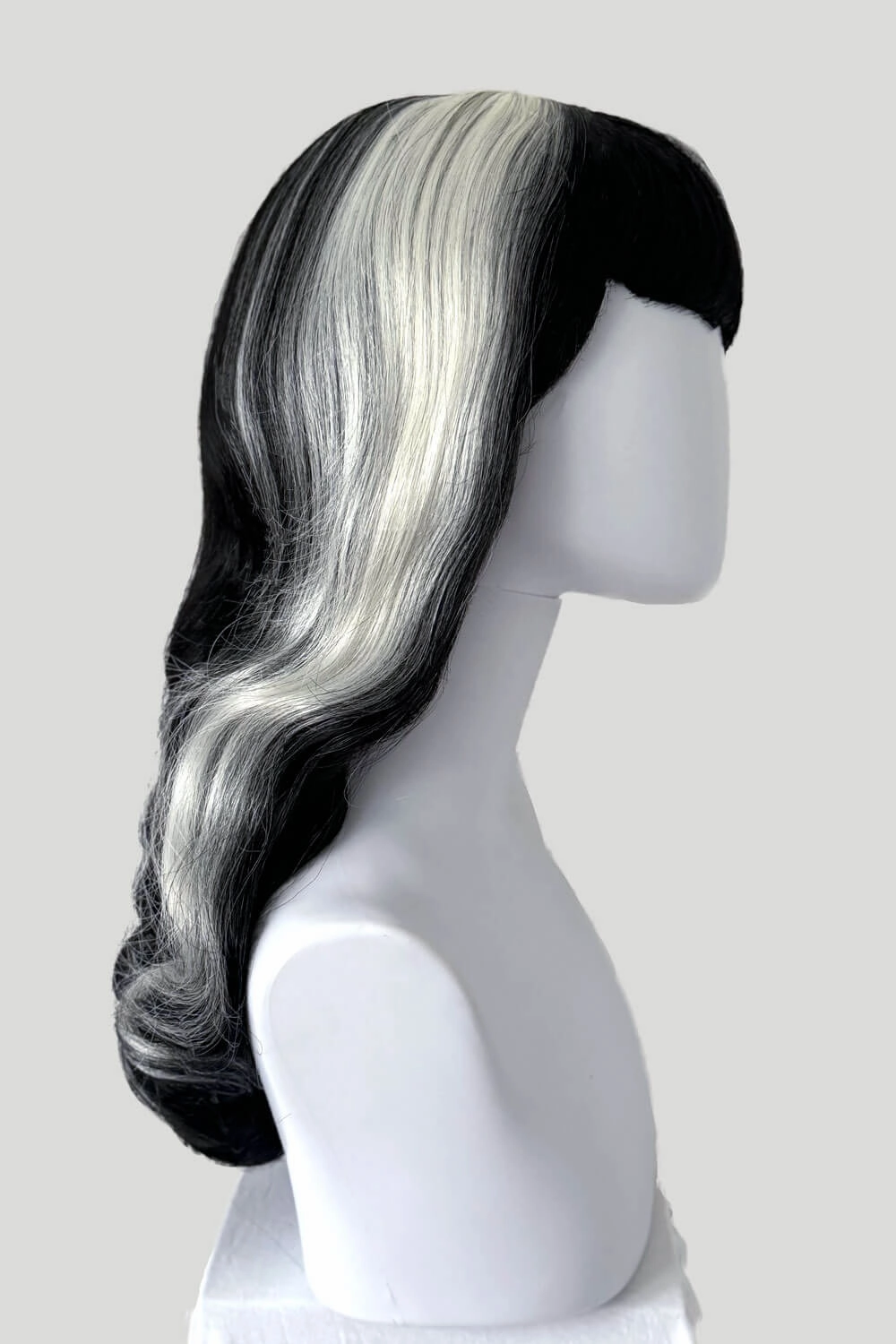 Long black 1950s pin up style wig with platinum streak and retro fringe: Michelle