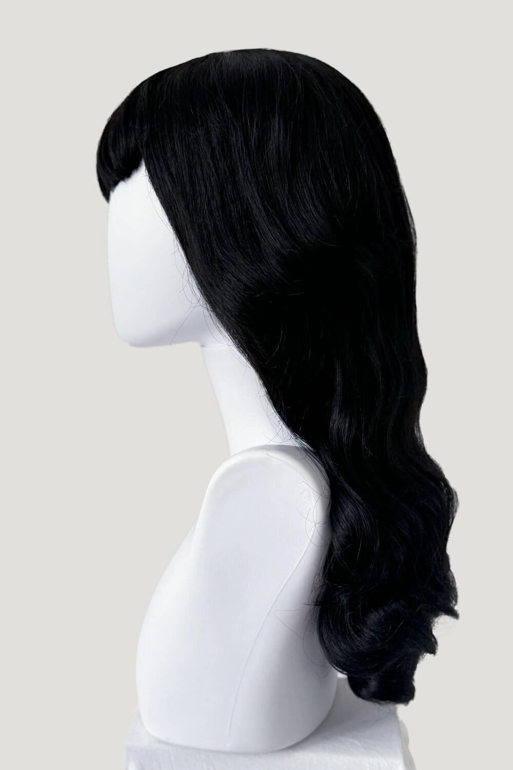Long black 1950s pin up style wig with platinum streak and retro fringe: Michelle