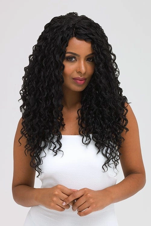 Long black corkscrew curly lace front wig: Jessica