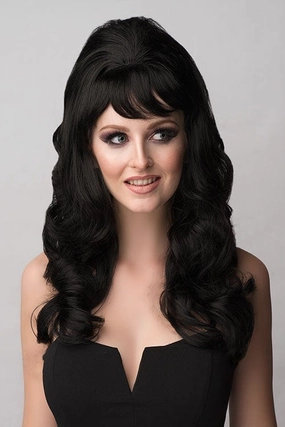 Long black high crown wig, curly: Brigitte