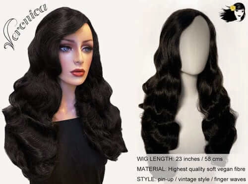 Long black pinup style wig with vintage hollywood waves: Veronica