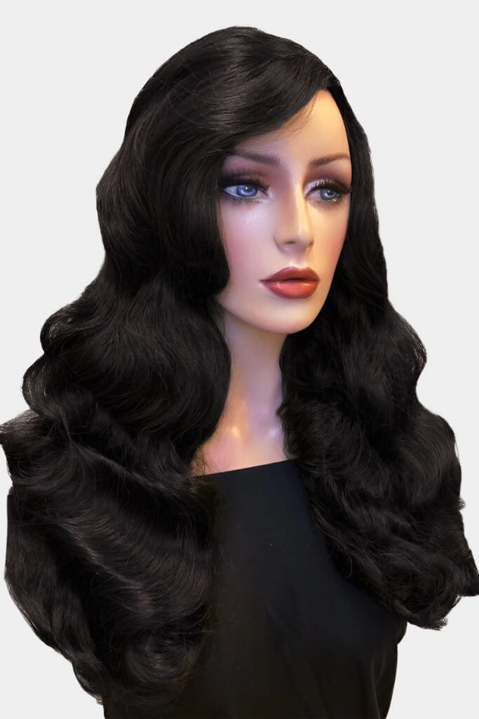 Long black pinup style wig with vintage hollywood waves: Veronica