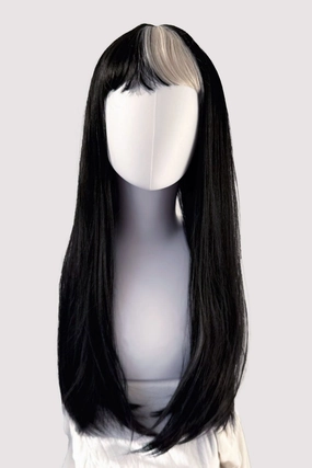 Long, black, straight wig with platinum fringe streak and retro, straight fringe: Imogen