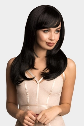 Long black wig, face frame style with full, sweeping fringe: Corina